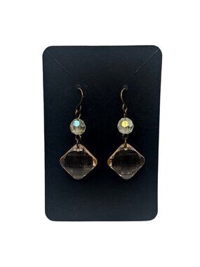 Vintage Brass Drop Earrings With Faceted Crystal Beads Dangle Design